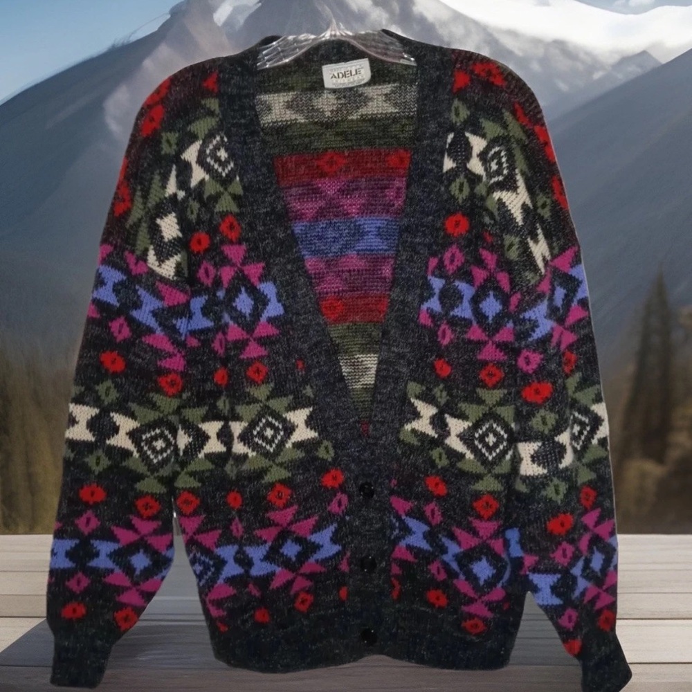 Adele Sweater M/L Vintage 80s Button Up Boho Aztec Hippie Grandpacore Cardigan